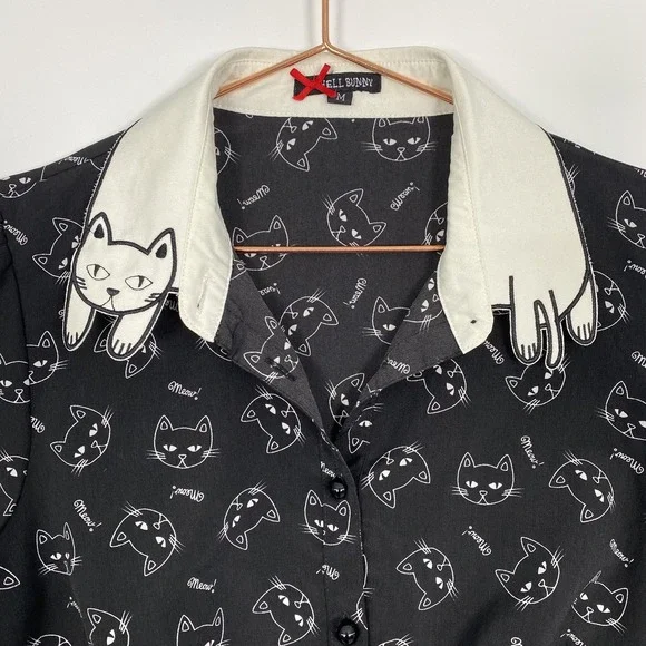 Hell Bunny Shirt Womens Medium Black Cat Print Short Sleeve Button Top Novelty - Picture 4 of 13
